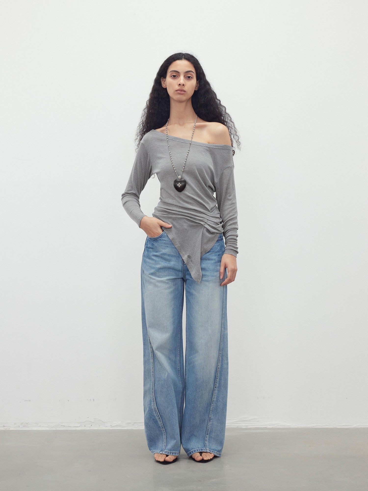 AFTADAWN Striped Pleated Asymmetric Off Shoulder Women&