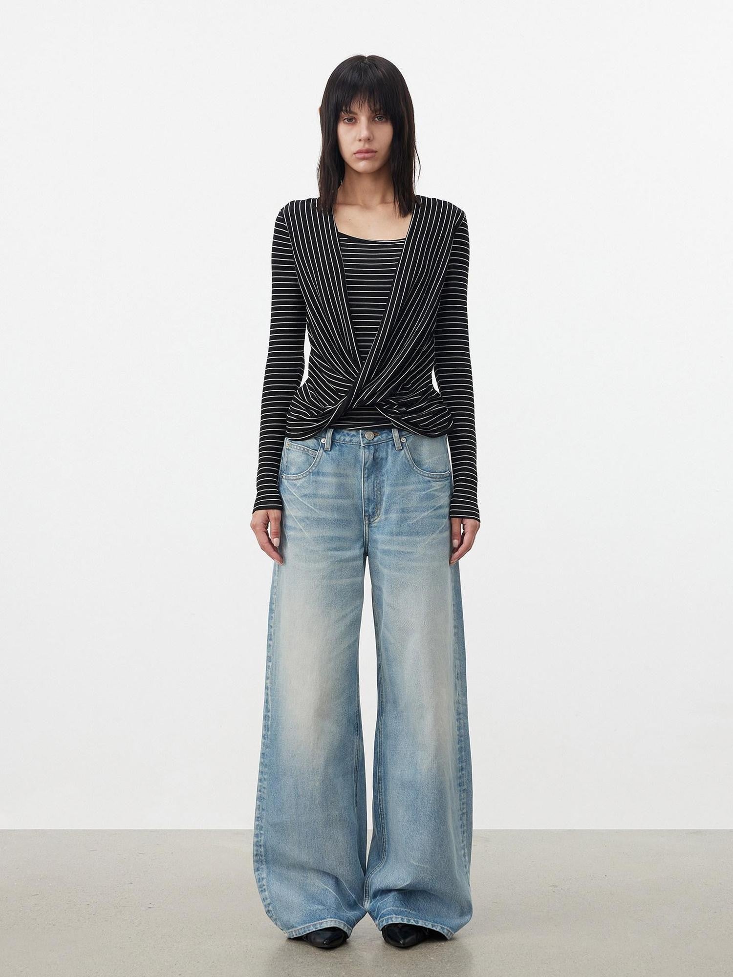 AFTADAWN Striped Pleated Crossover Drape Neck Women&