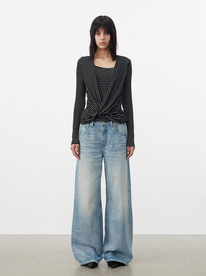 AFTADAWN Striped Pleated Crossover Drape Neck Women&