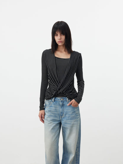 AFTADAWN Striped Pleated Crossover Drape Neck Women&