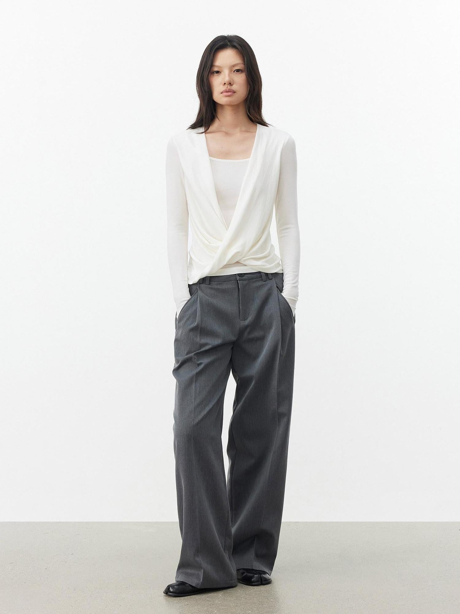 AFTADAWN Striped Pleated Crossover Drape Neck Women&