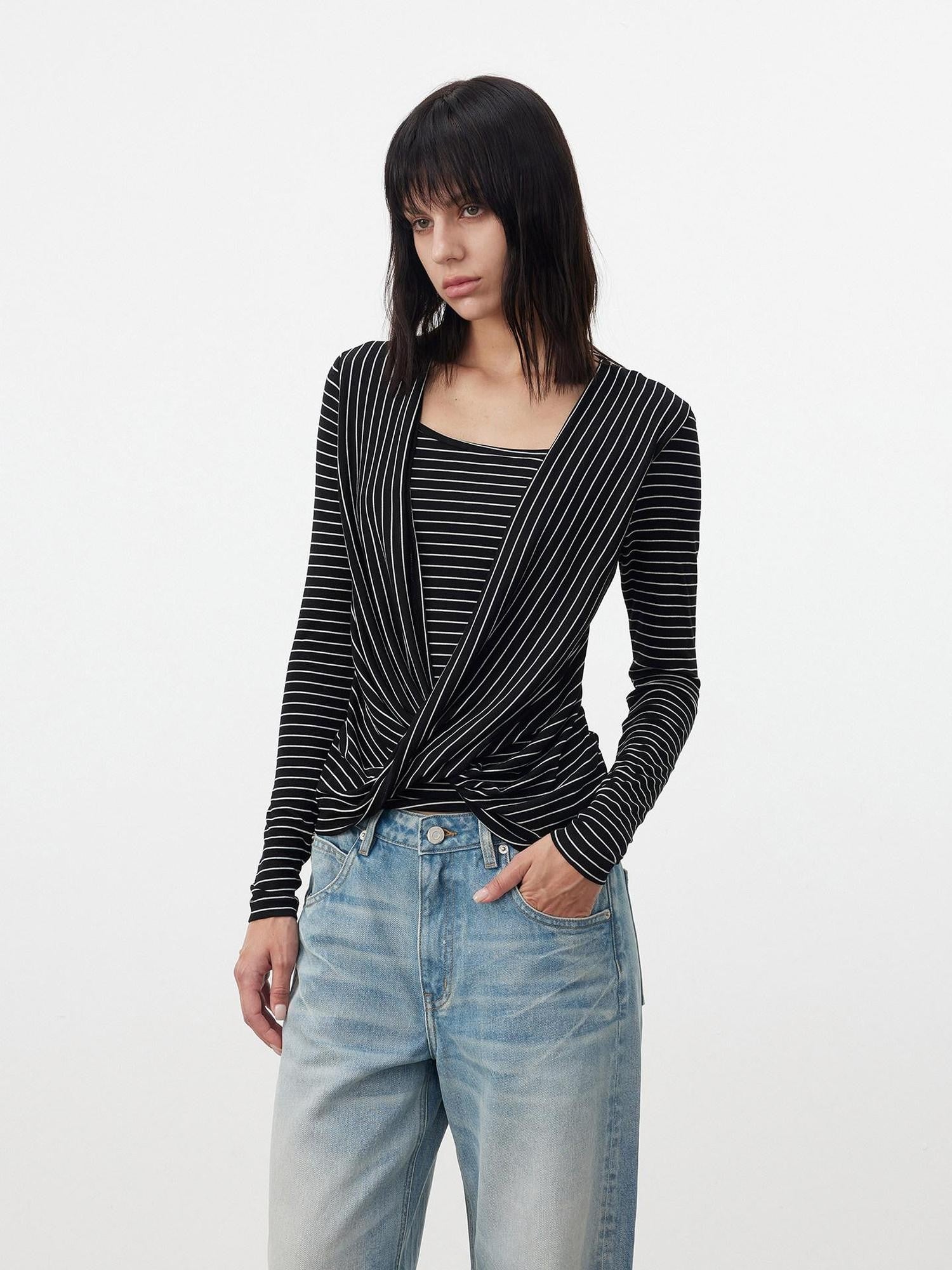 AFTADAWN Striped Pleated Crossover Drape Neck Women&