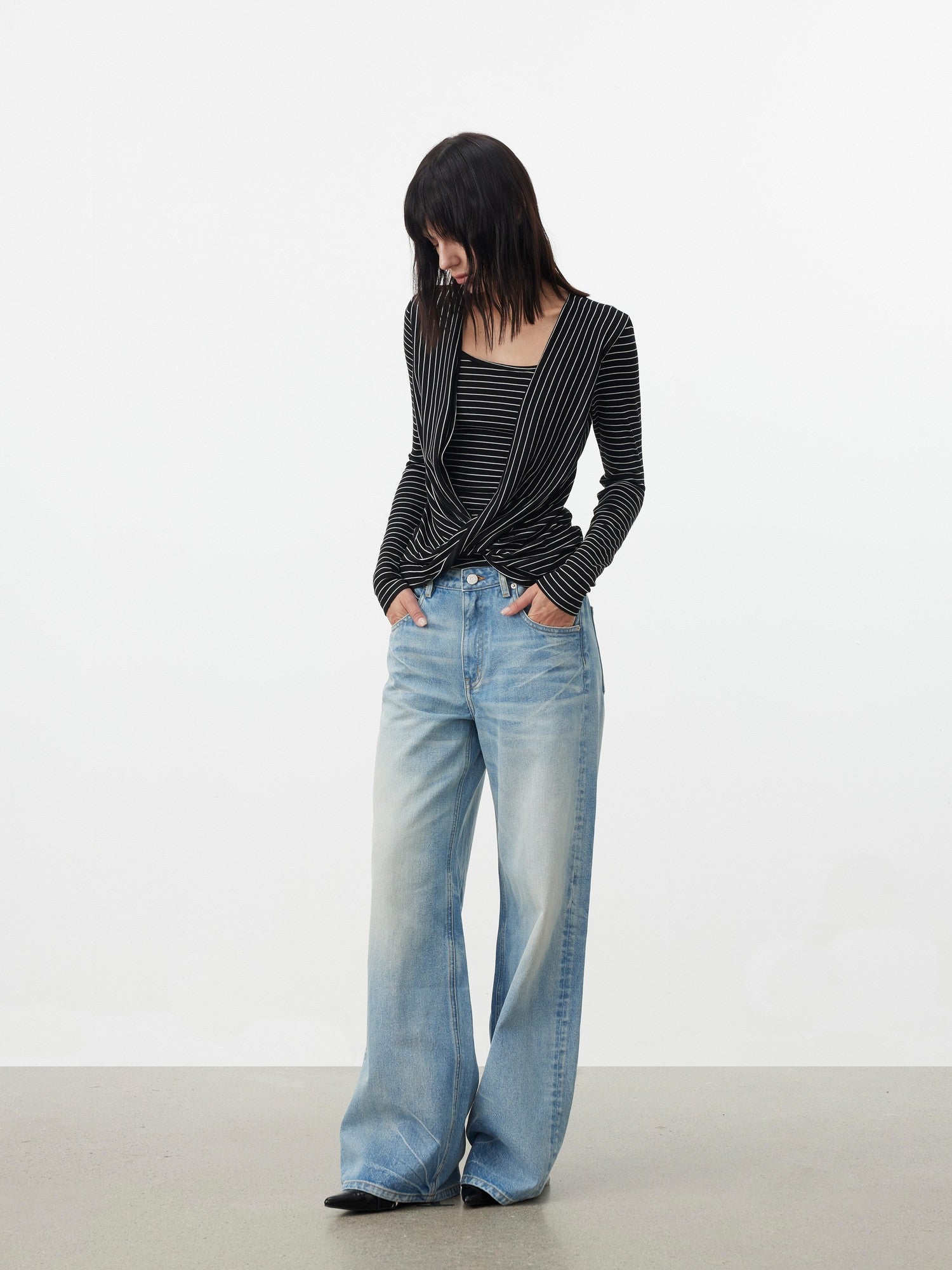 AFTADAWN Striped Pleated Crossover Drape Neck Women&