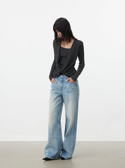AFTADAWN Striped Pleated Crossover Drape Neck Women&
