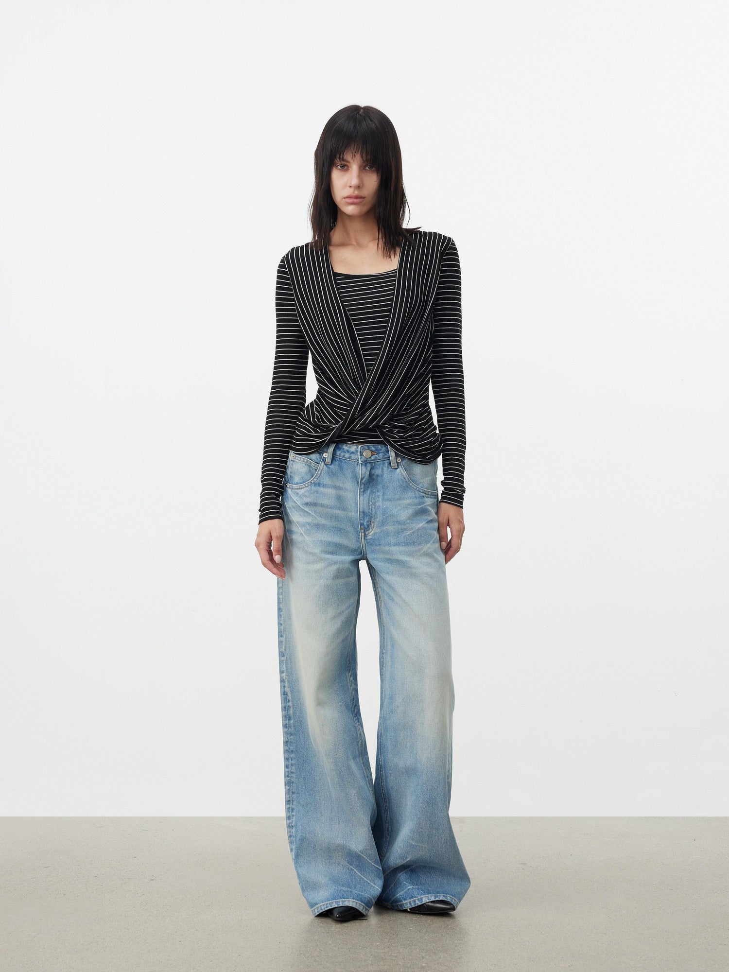 AFTADAWN Striped Pleated Crossover Drape Neck Women&