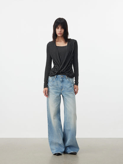 AFTADAWN Striped Pleated Crossover Drape Neck Women&