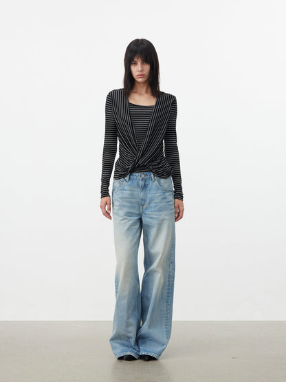 AFTADAWN Striped Pleated Crossover Drape Neck Women&