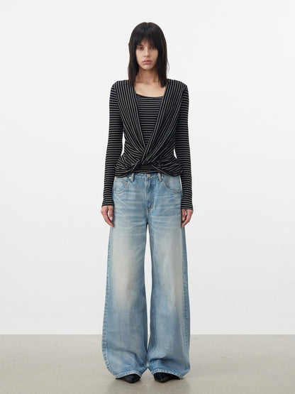AFTADAWN Striped Pleated Crossover Drape Neck Women&