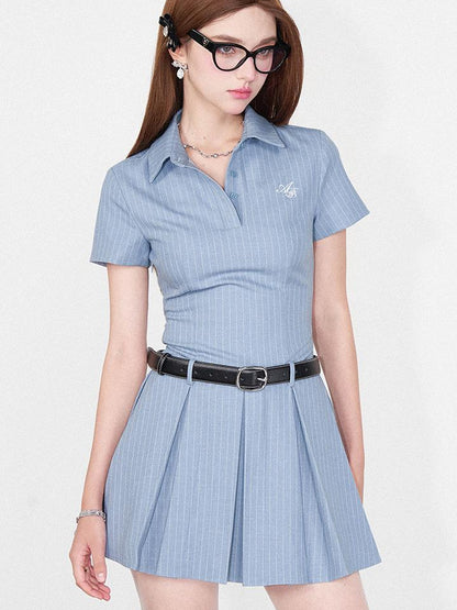 AFTADAWN Striped Polo Collar Belted Ruffle Hem Dress