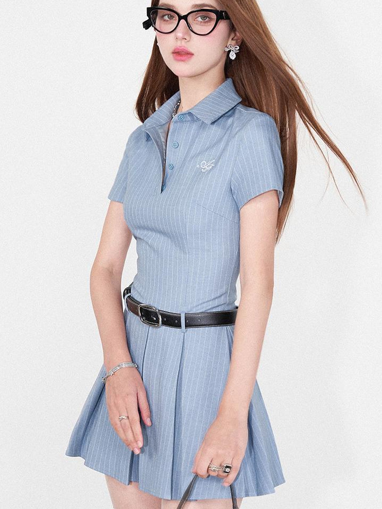 AFTADAWN Striped Polo Collar Belted Ruffle Hem Dress