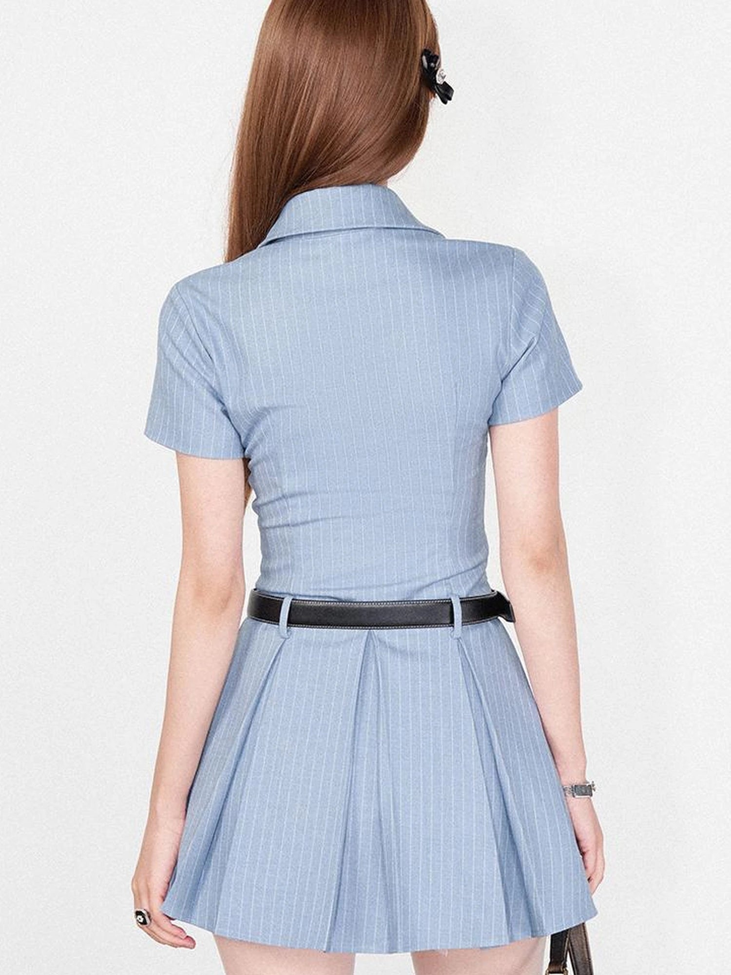 Striped Polo Collar Belted Ruffle Hem Dress