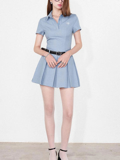 Striped Polo Collar Belted Ruffle Hem Dress