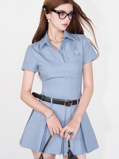 AFTADAWN Striped Polo Collar Belted Ruffle Hem Dress