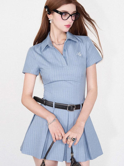 Striped Polo Collar Belted Ruffle Hem Dress