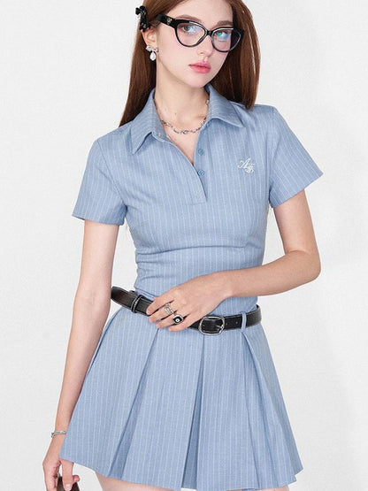 Striped Polo Collar Belted Ruffle Hem Dress