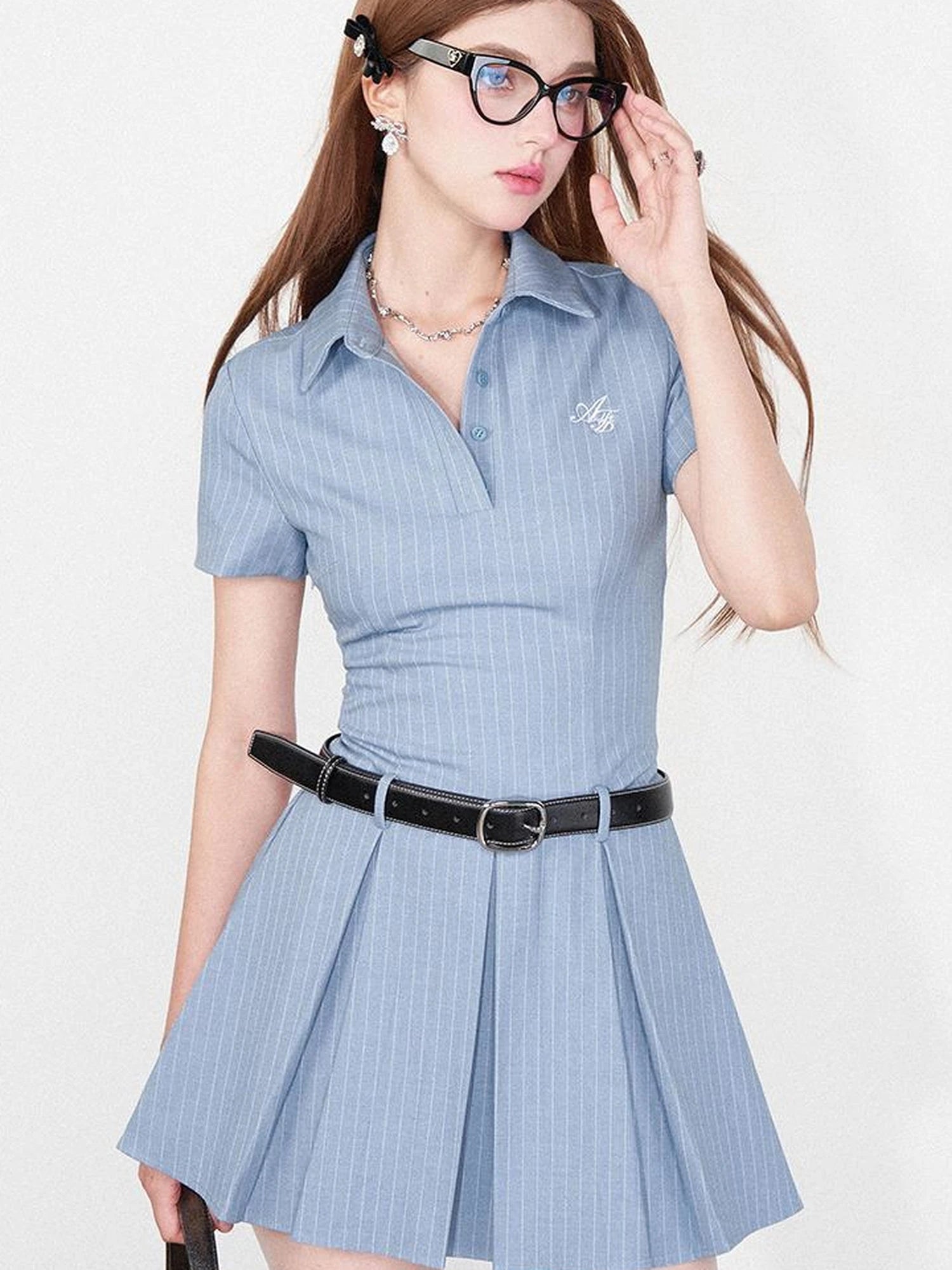 Striped Polo Collar Belted Ruffle Hem Dress