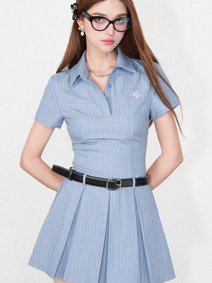 Striped Polo Collar Belted Ruffle Hem Dress