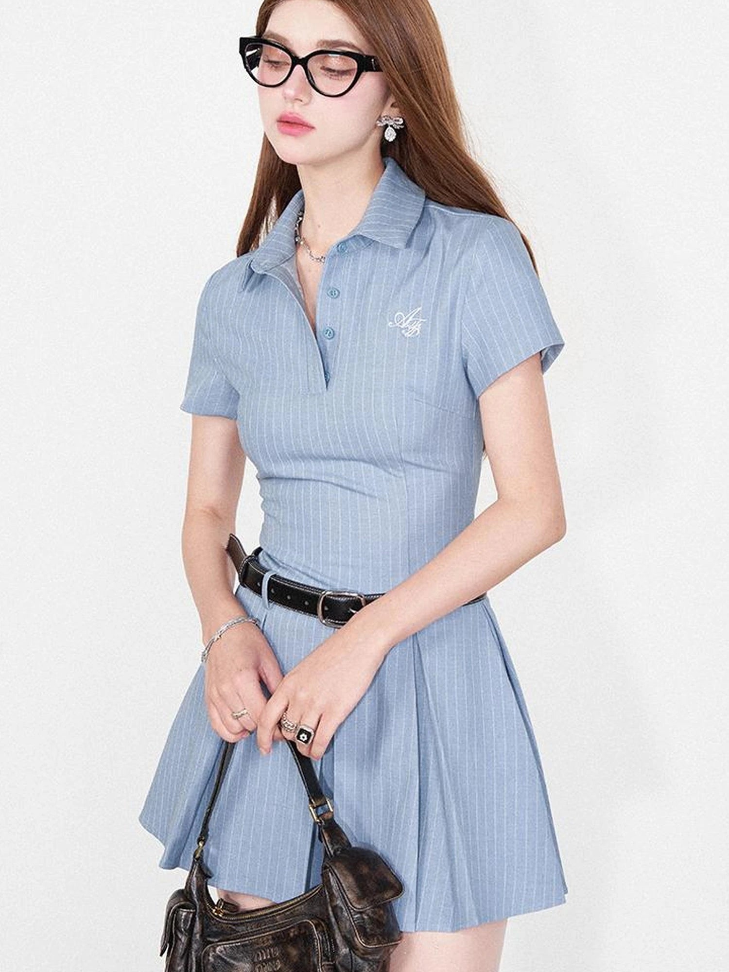 Striped Polo Collar Belted Ruffle Hem Dress