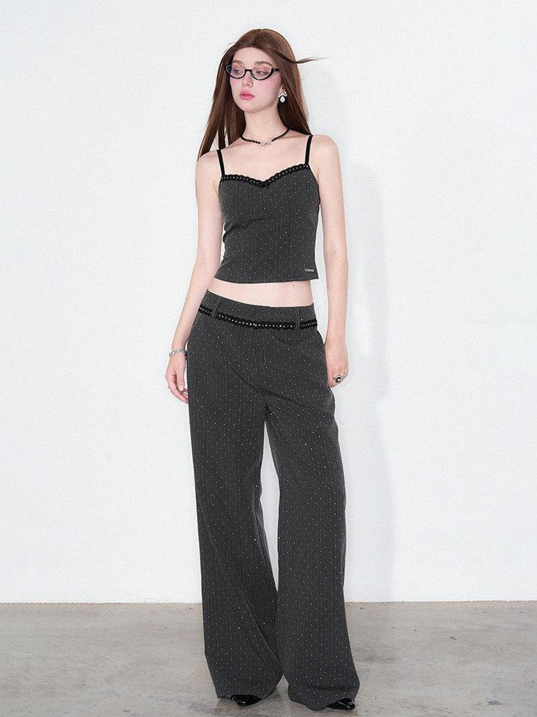 AFTADAWN Striped Rhinestone Cropped Camisole Women&