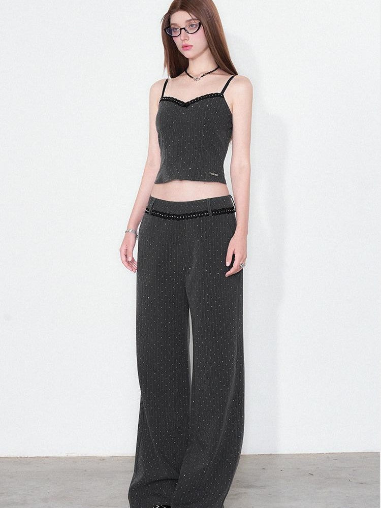AFTADAWN Striped Rhinestone Cropped Camisole Women&