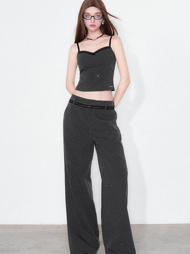 AFTADAWN Striped Rhinestone Cropped Camisole Women&