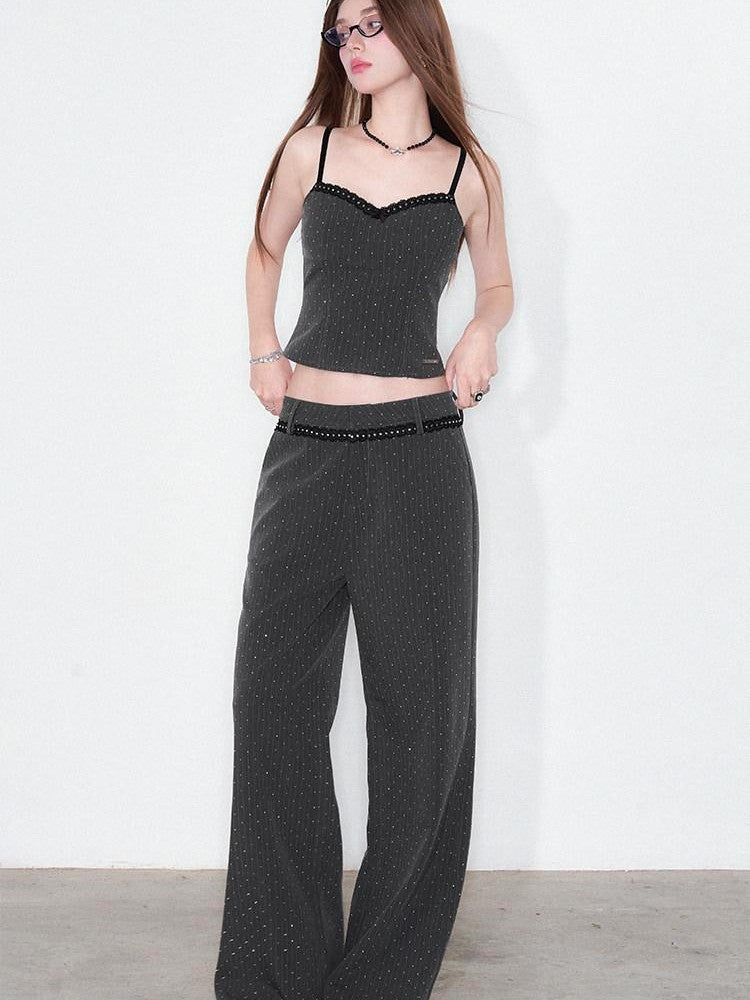AFTADAWN Striped Rhinestone Cropped Camisole Women&