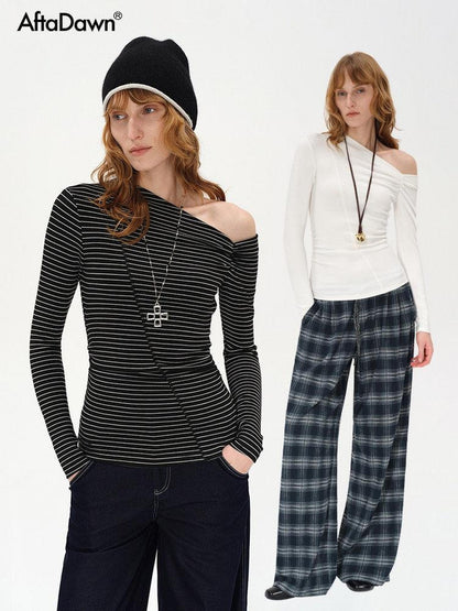 AFTADAWN Striped Ruched Off Shoulder Asymmetric Women&