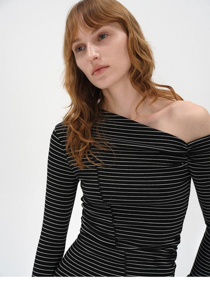 AFTADAWN Striped Ruched Off Shoulder Asymmetric Women&