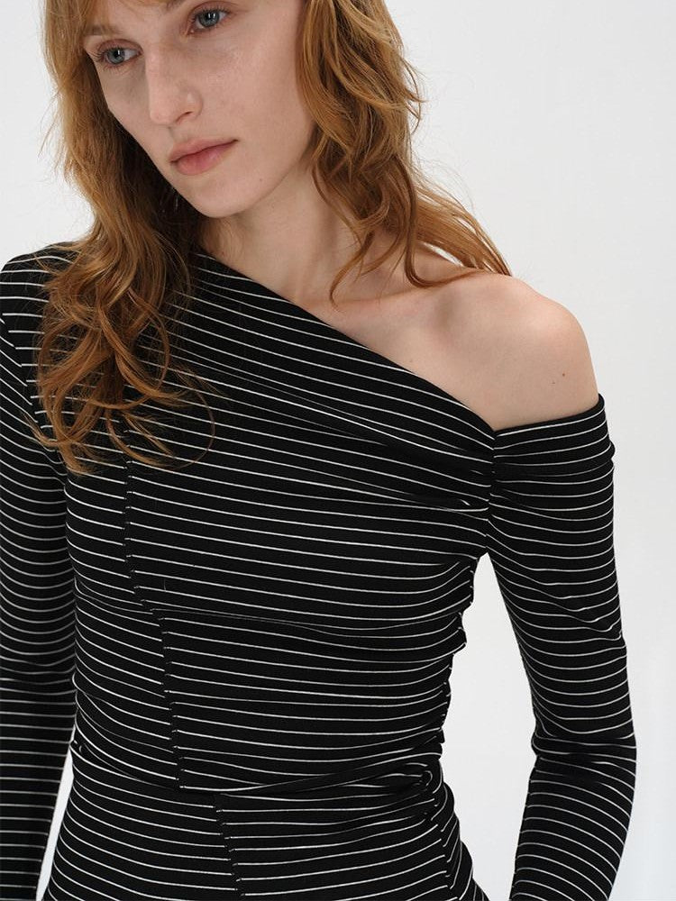 AFTADAWN Striped Ruched Off Shoulder Asymmetric Women&