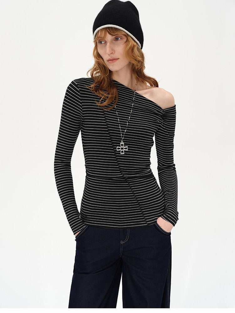 AFTADAWN Striped Ruched Off Shoulder Asymmetric Women&