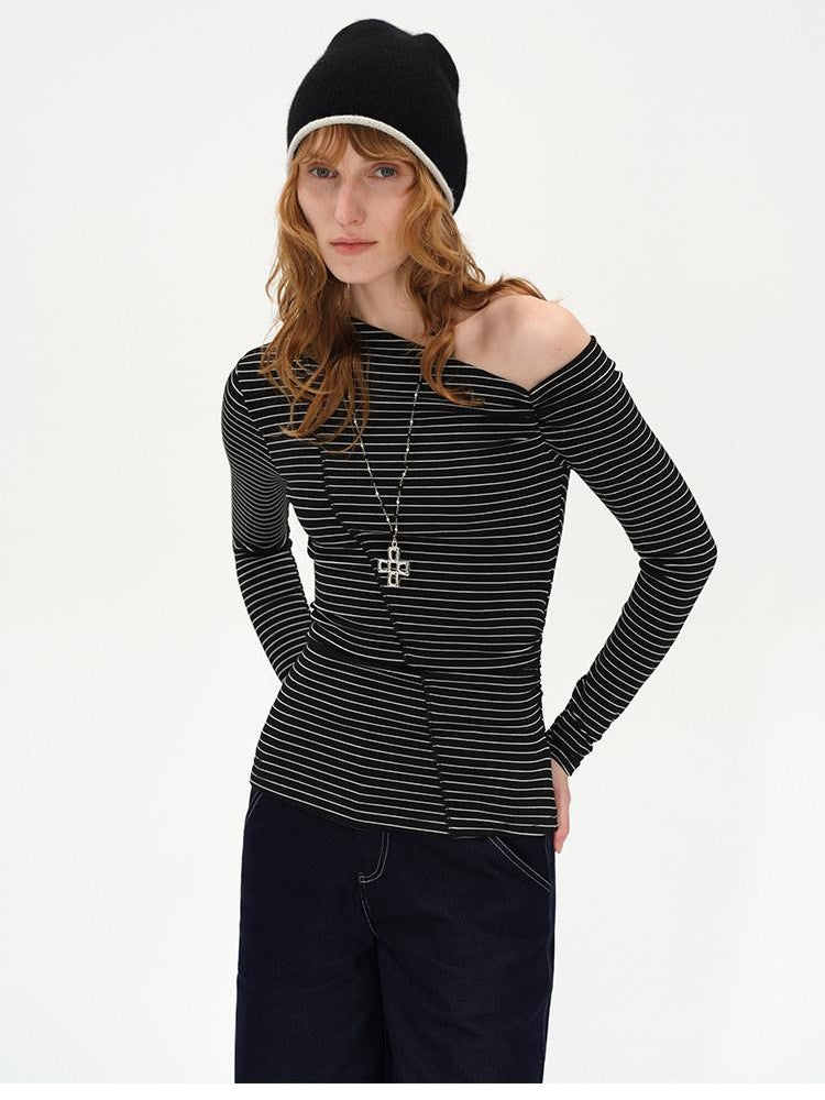 AFTADAWN Striped Ruched Off Shoulder Asymmetric Women&