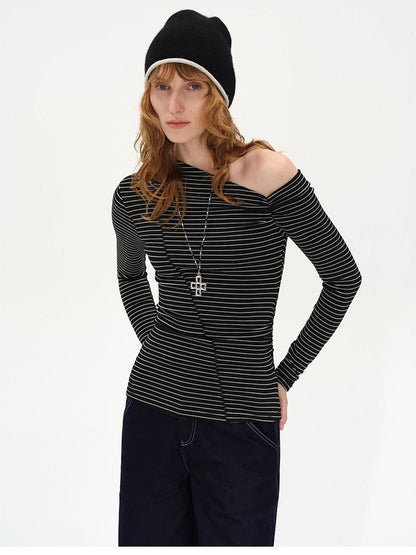 AFTADAWN Striped Ruched Off Shoulder Asymmetric Women&