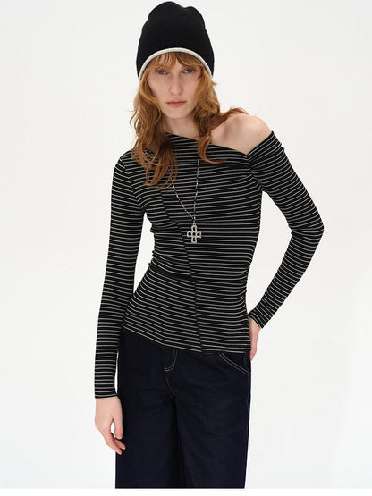 AFTADAWN Striped Ruched Off Shoulder Asymmetric Women&