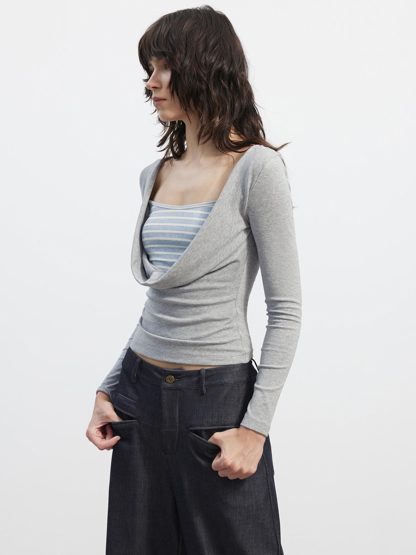AFTADAWN Striped Spliced Faux Layered Drape Neck Women&