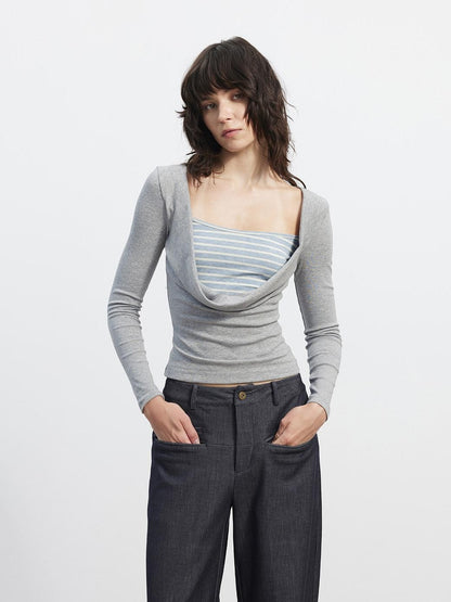 AFTADAWN Striped Spliced Faux Layered Drape Neck Women&