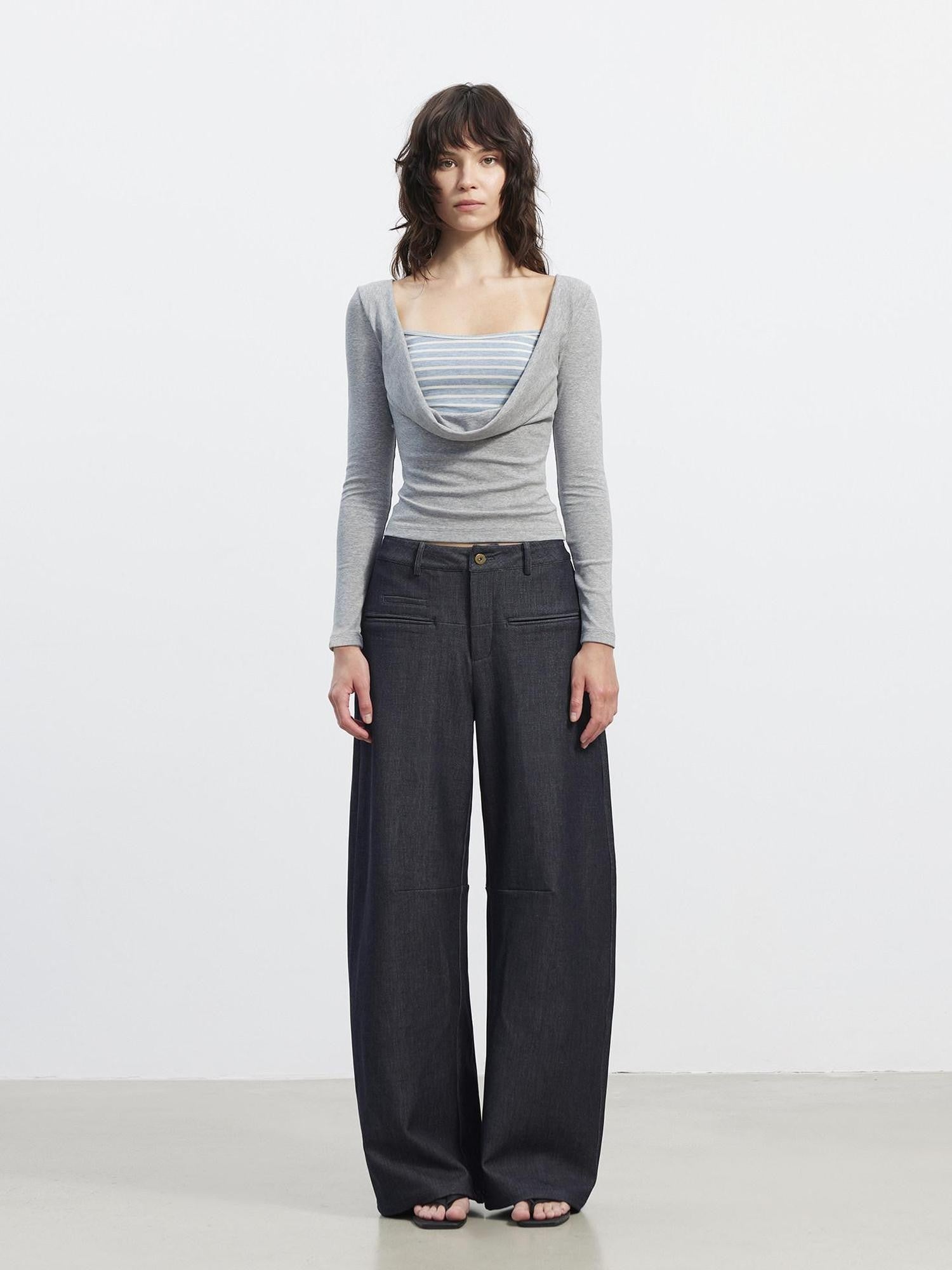 AFTADAWN Striped Spliced Faux Layered Drape Neck Women&