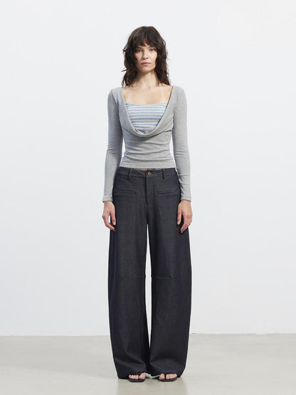 AFTADAWN Striped Spliced Faux Layered Drape Neck Women&