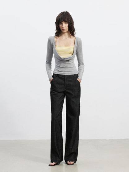 AFTADAWN Striped Spliced Faux Layered Drape Neck Women&