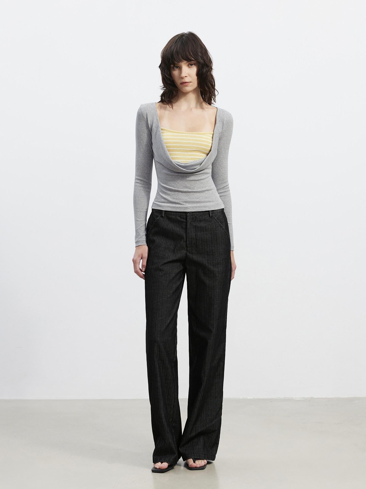 AFTADAWN Striped Spliced Faux Layered Drape Neck Women&