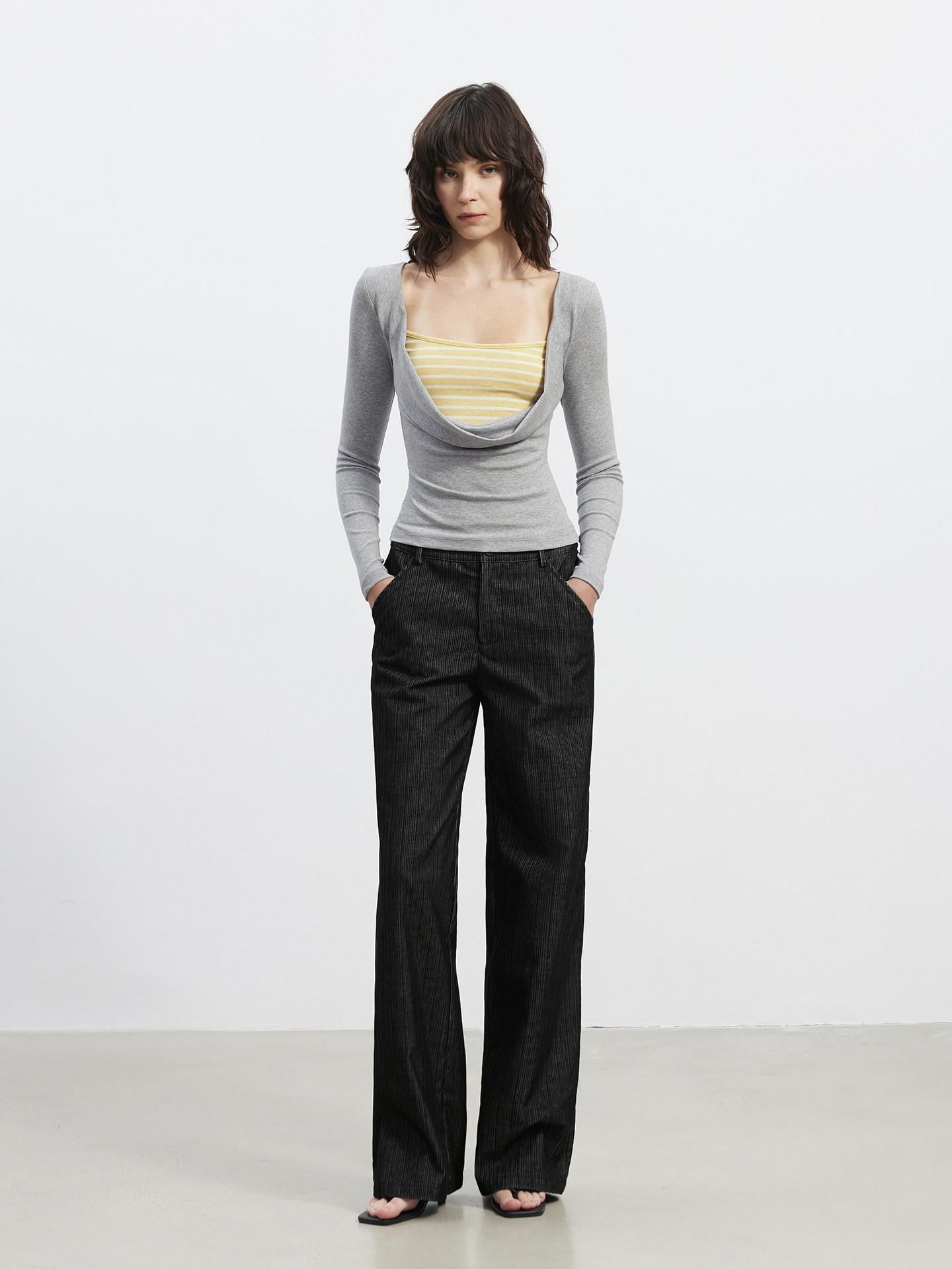 AFTADAWN Striped Spliced Faux Layered Drape Neck Women&