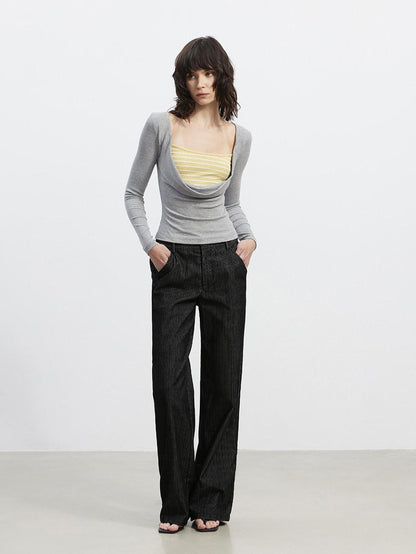AFTADAWN Striped Spliced Faux Layered Drape Neck Women&
