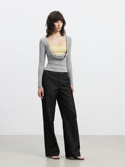AFTADAWN Striped Spliced Faux Layered Drape Neck Women&