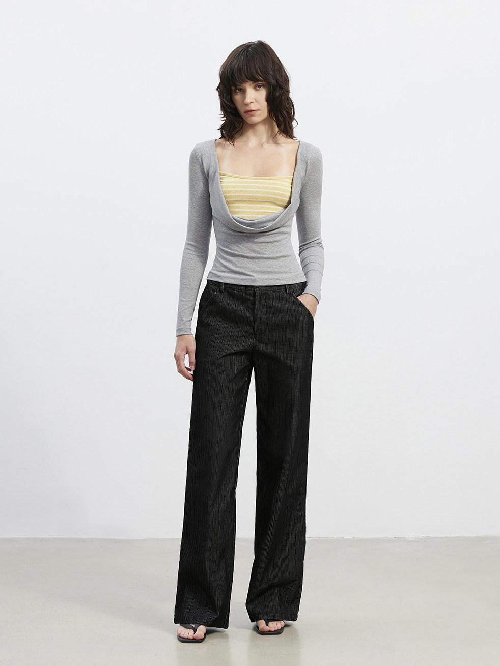 AFTADAWN Striped Spliced Faux Layered Drape Neck Women&