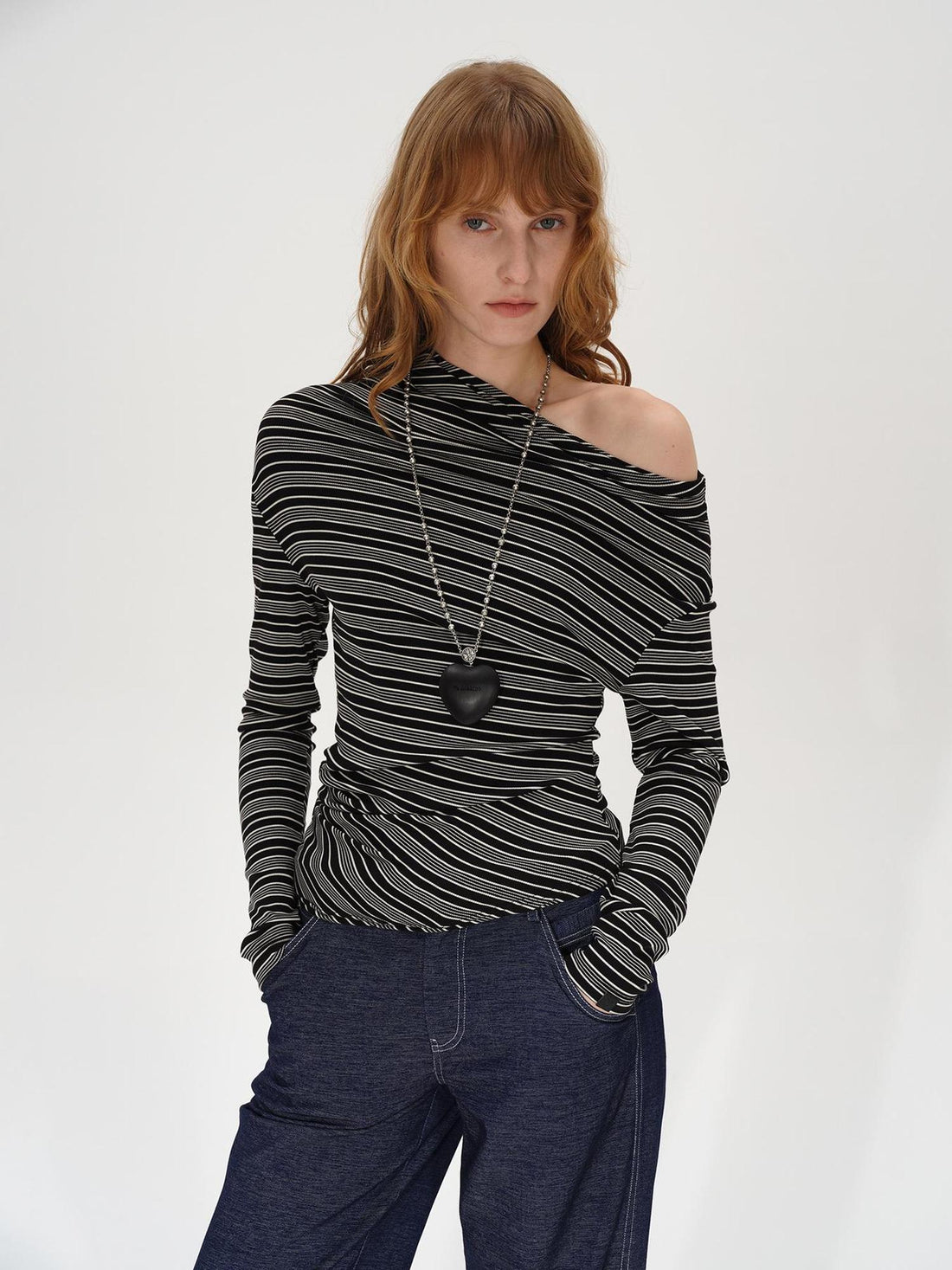 AFTADAWN Striped Stacked Neck Asymmetric Two Way Long Sleeve T-shirt