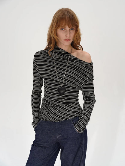 Striped Stacked Neck Asymmetric Two Way Long Sleeve T-shirt