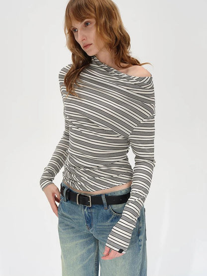 Striped Stacked Neck Asymmetric Two Way Long Sleeve T-shirt