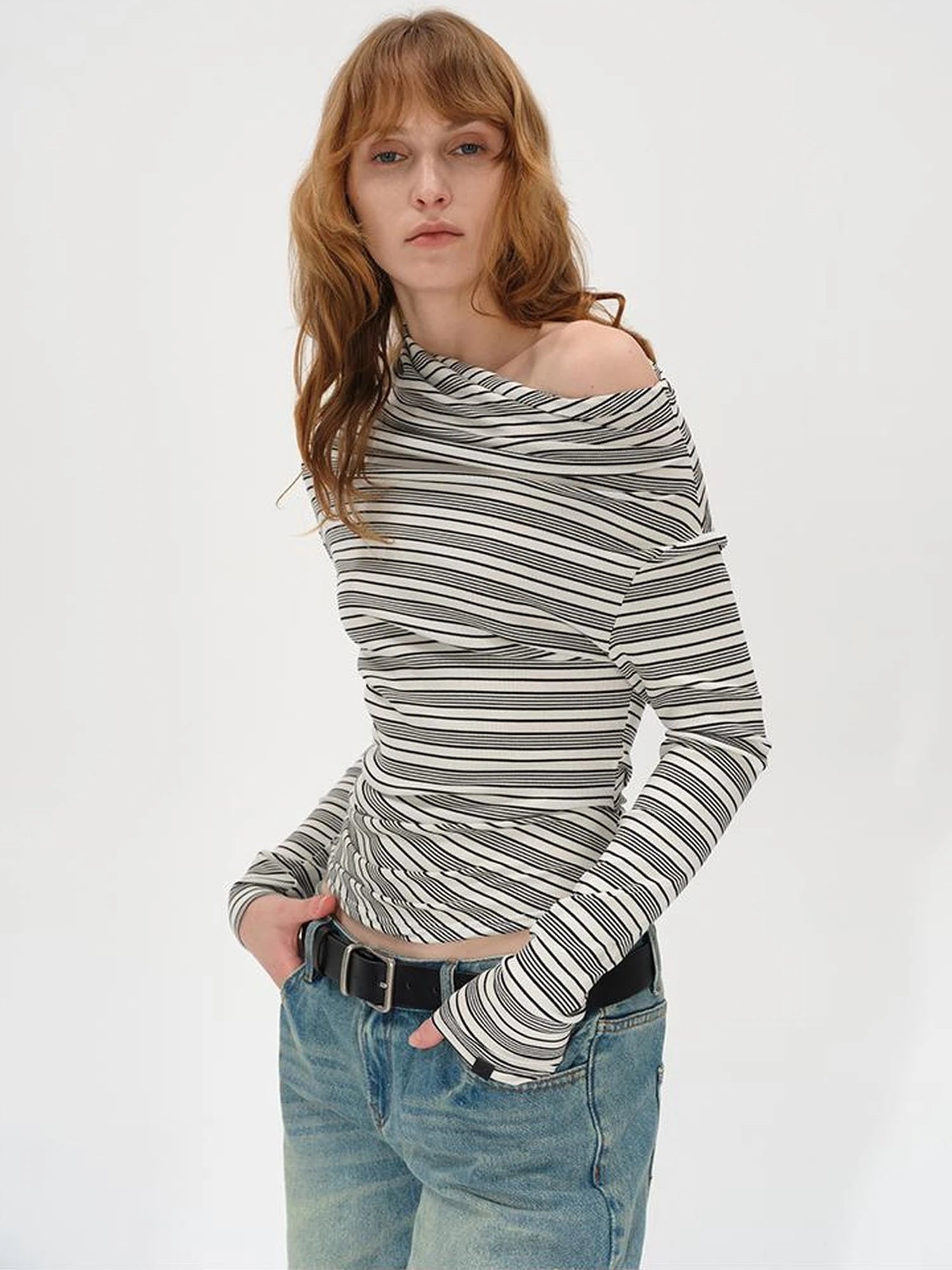 Striped Stacked Neck Asymmetric Two Way Long Sleeve T-shirt