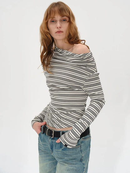 Striped Stacked Neck Asymmetric Two Way Long Sleeve T-shirt
