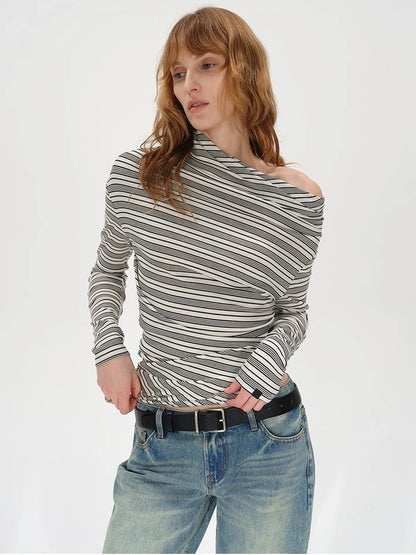 Striped Stacked Neck Asymmetric Two Way Long Sleeve T-shirt