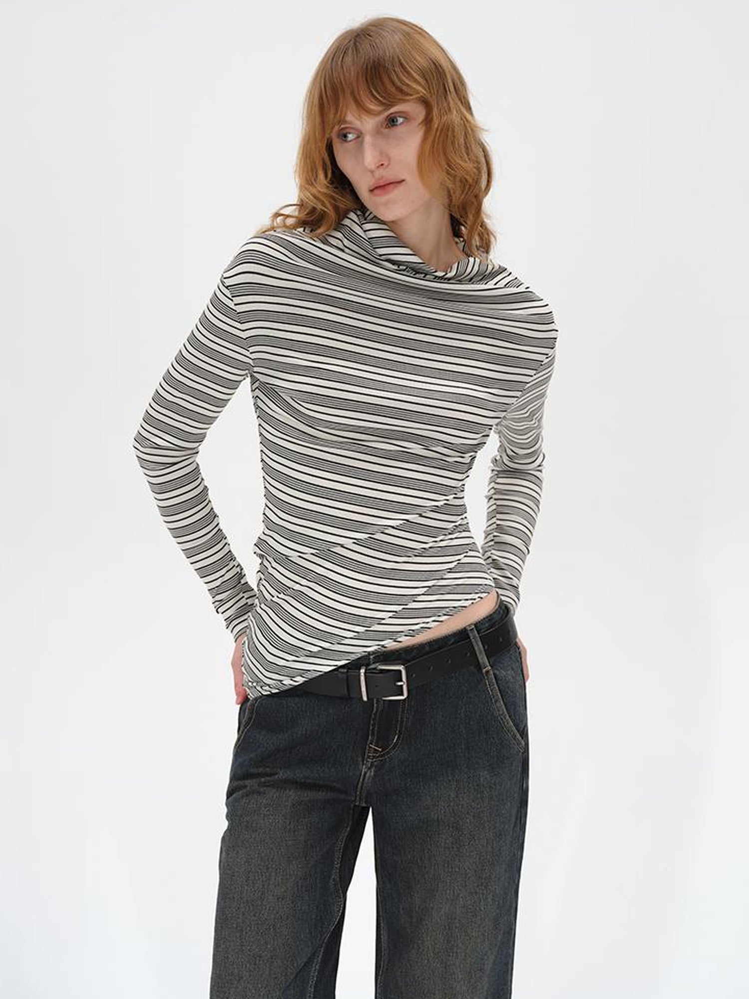 AFTADAWN Striped Stacked Neck Asymmetric Two Way Long Sleeve T-shirt